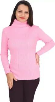Women Solid High Neck Pink Sweater
