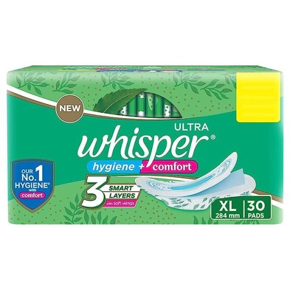 New Whisper Ultra hygiene+comfort Sanitary Pads XL+, Pack of 30 Pads