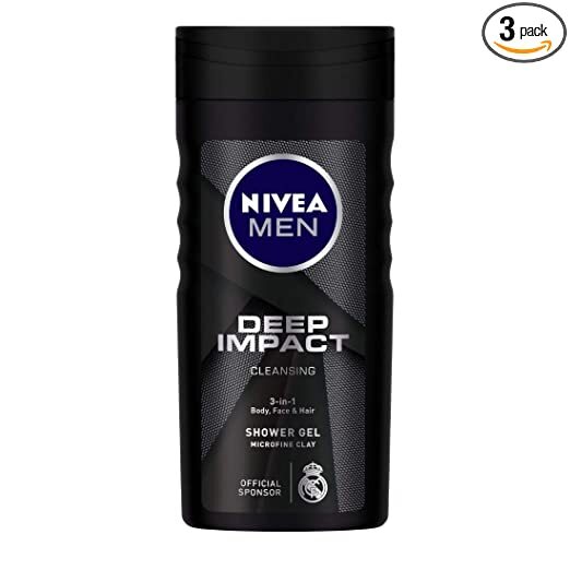 Nivea Men Body Wash, Deep Impact, 3 in 1 Shower Gel for Body, Free & Hair With Microfine Clay, 250 ml