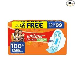 Whisper Choice Sanitary Regular Pads for Women, Regular, Pack of 20 Pads