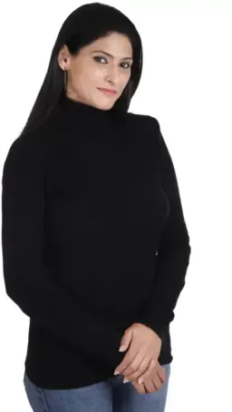 Women High Neck Black Sweater Woolen