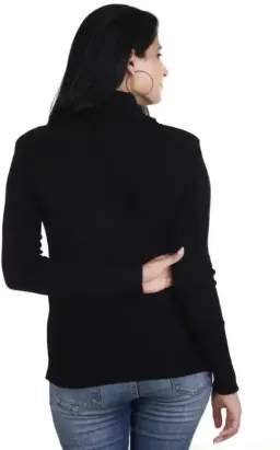 Women High Neck Black Sweater Woolen