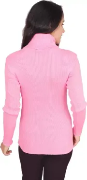 Women Solid High Neck Pink Sweater